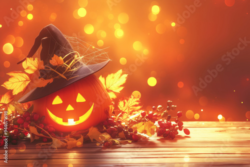 Backdrop with halloween pumpkin in witch hat, autumn leaves ,pider web on orange background with copy space photo