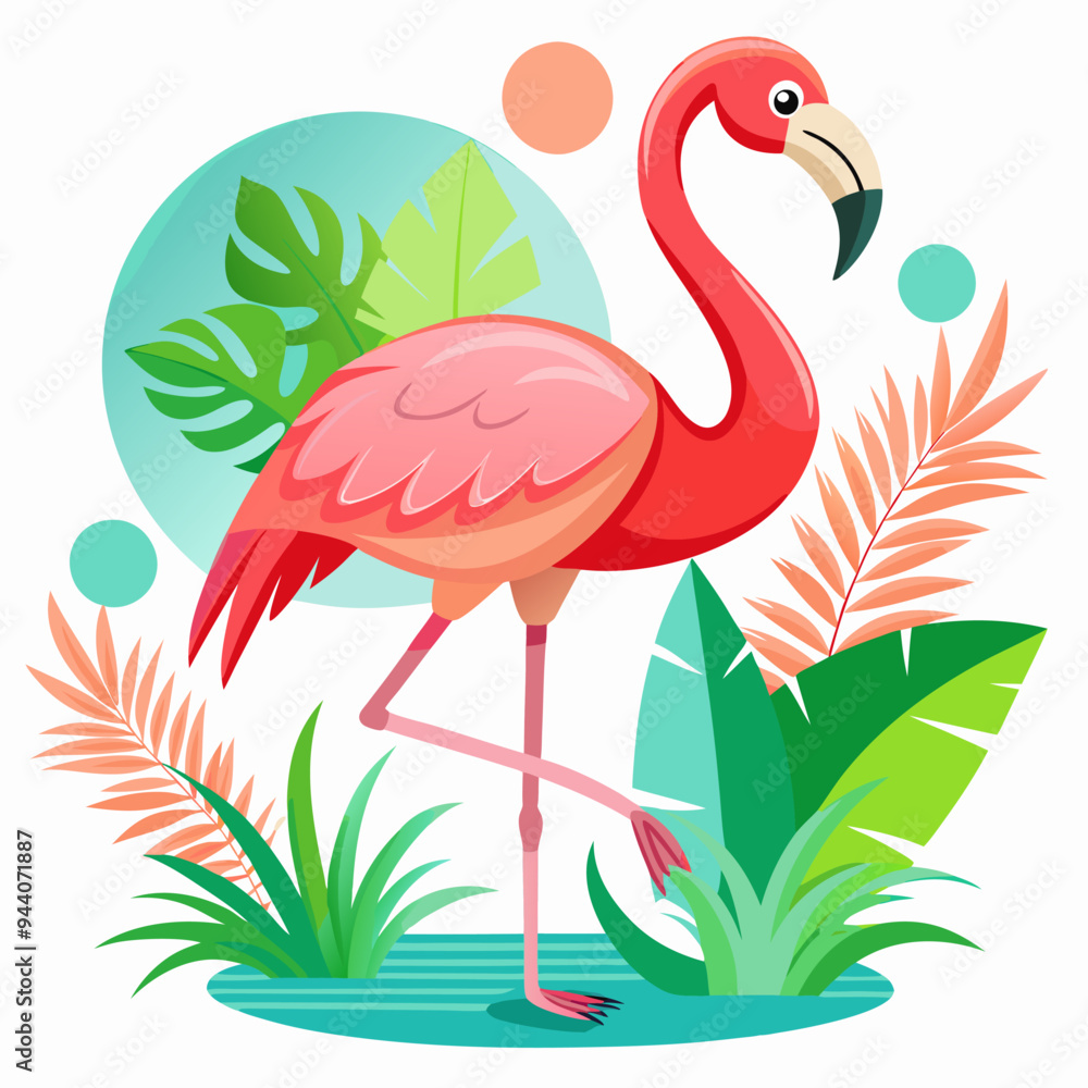 Obraz premium Pink Flamingo Standing in Tropical Foliage with Blue Water