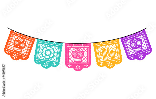  papel picado, a papel picado, a maxican vibrant maxican paper cut bunting with skull pattern illustration 