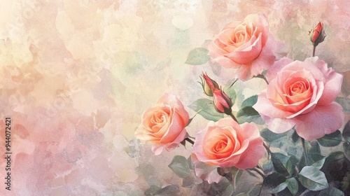 Elegant watercolor roses in shades of pink and peach set against a soft pastel background, evoking a delicate and floral atmosphere.