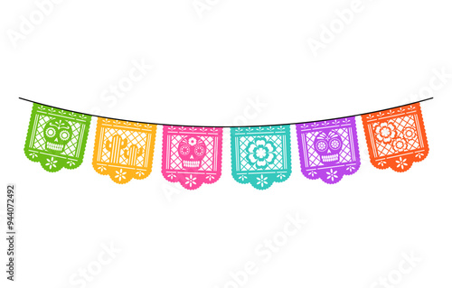  papel picado, a papel picado, a maxican vibrant maxican paper cut bunting with skull pattern illustration 