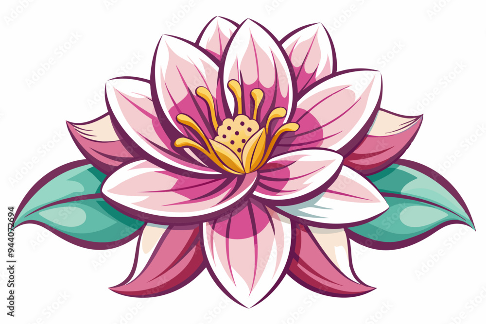 Obraz premium Pink and White Flower with Green Leaves