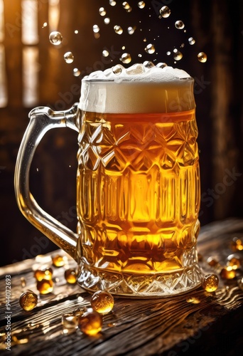 frothy beer stein resting rustic weathered wood table bubbles texture, glass, amber, craft, drink, cold, refreshing, foam, vintage, tavern, pub, alcohol