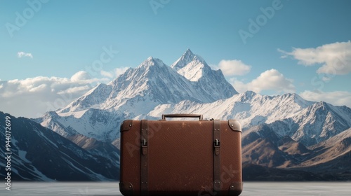 A travel concept image featuring a suitcase in the foreground with majestic mountains in the background, symbolizing adventure and exploration