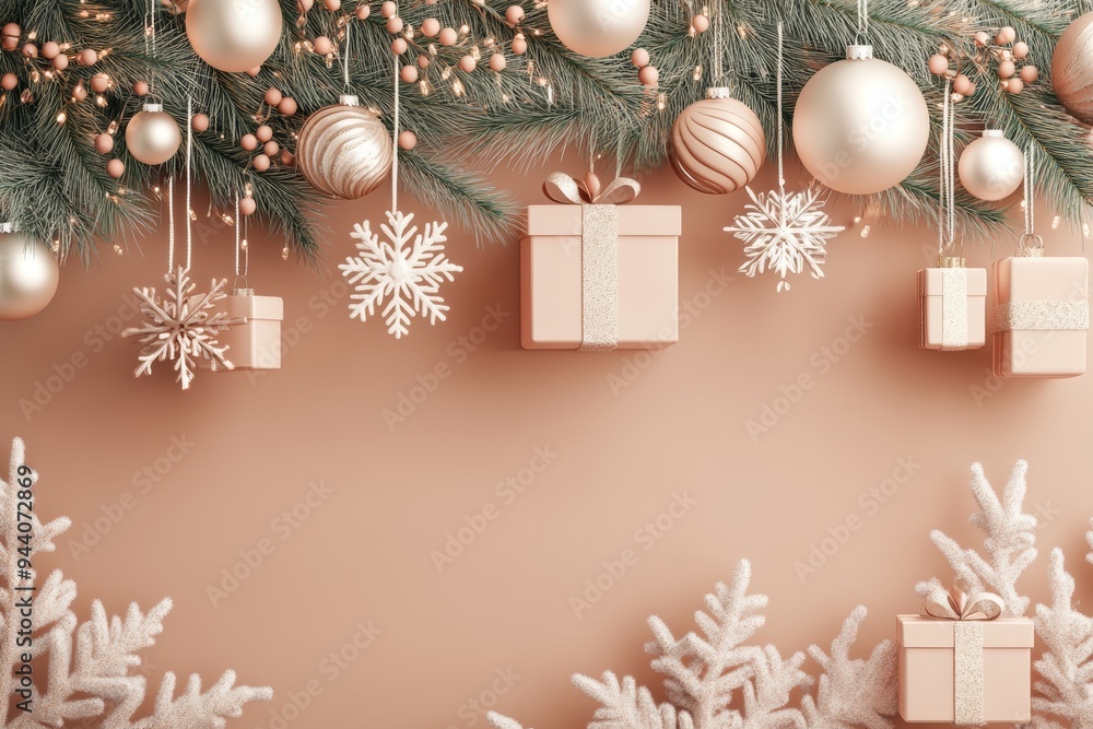 In a setting with square shapes, gifts and Christmas trees are displayed In a setting with square shapes, gifts and Christmas trees are displayed