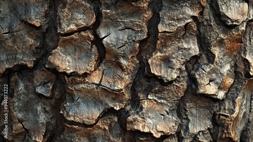 A detailed closeup view of rough tree bark that highlights intricate textures