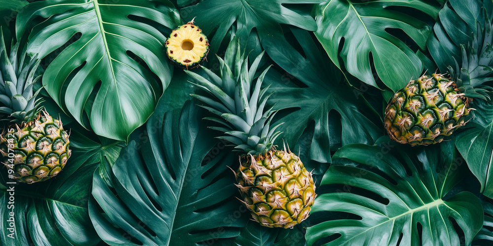 A beautiful combination of natural pineapples and monstera leaves, presenting a vivid scene with a variety of green shades and tropical aesthetics. A beautiful combination of natural pineapples and monstera leaves, presenting a vivid scene with a variety of green shades and tropical aesthetics.