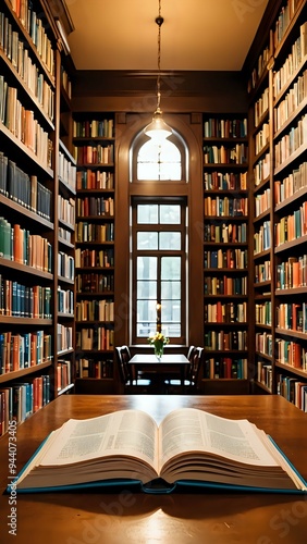 A book lies open on a table in a library with rows of bookshelves lining the walls.