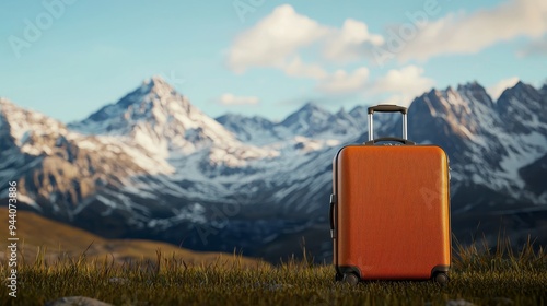 Scenic mountain landscape with a suitcase ready for adventure, representing the freedom and excitement of travel photo