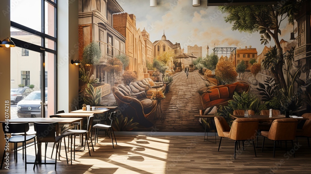 Naklejka premium A photo of a boutique cafe with artistic wall murals.