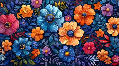 Colorful Floral Illustration with Blue, Orange, and Red Flowers on a Dark Background