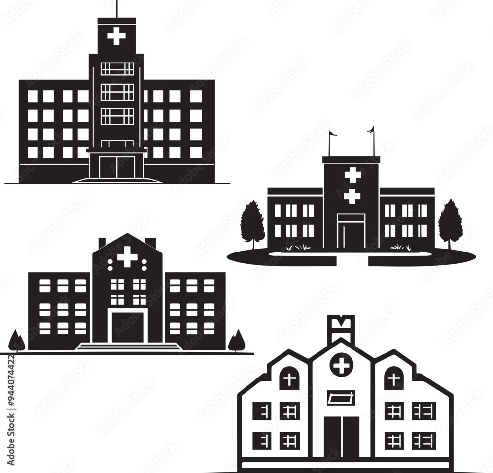 Set of Hospitals Silhouette Set of Hospitals Silhouette