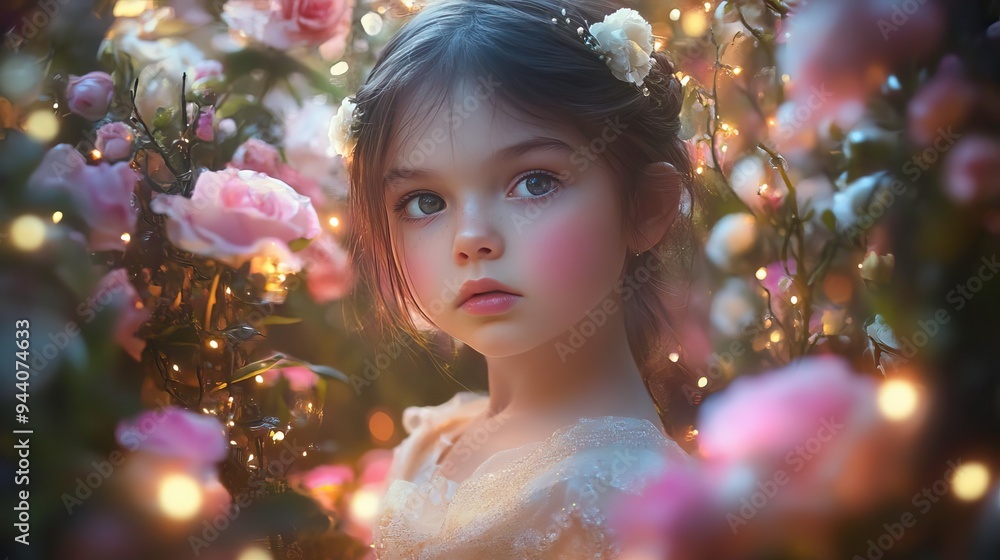 A young girl surrounded by blooming roses, capturing the essence of innocence and beauty in a dreamy floral setting. A young girl surrounded by blooming roses, capturing the essence of innocence and beauty in a dreamy floral setting.