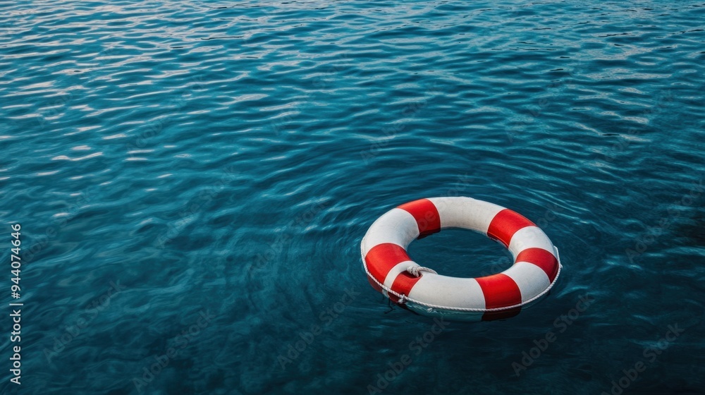 Naklejka premium Red and white life buoy floating on a calm blue water surface, symbolizing safety and rescue.