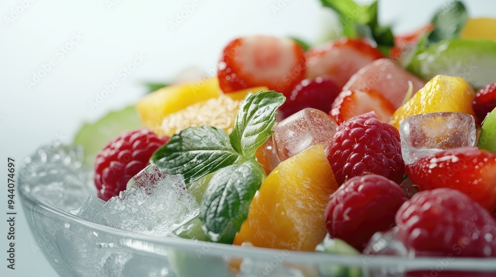 3D close-up of a fresh fruit and vegetable salad on a plate, with ice cubes underneath, capturing the vibrant ingredients and refreshing look against a clean white background, no people. 3D close-up of a fresh fruit and vegetable salad on a plate, with ice cubes underneath, capturing the vibrant ingredients and refreshing look against a clean white background, no people.