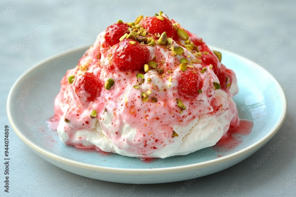 Dessert for Christmas, meringue topped with cream, strawberries, and pistachios Dessert for Christmas, meringue topped with cream, strawberries, and pistachios
