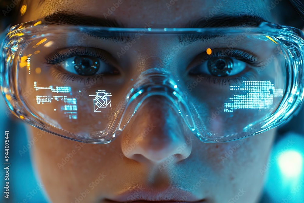 Close-up of a focused individual wearing futuristic glasses displaying digital data, symbolizing innovation and technology. Close-up of a focused individual wearing futuristic glasses displaying digital data, symbolizing innovation and technology.