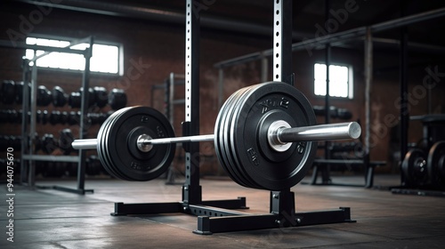 A photo of a barbell with weights on a rack.