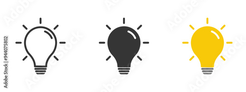 Light bulb icon set on white background. Idea symbol. Electric lamp, light, innovation, solution, creative thinking, electricity. Outline, flat and colored style. Flat design.