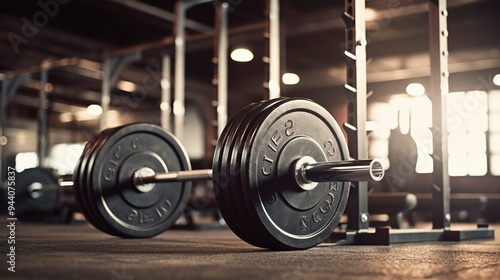 A photo of a barbell with weights on a rack.