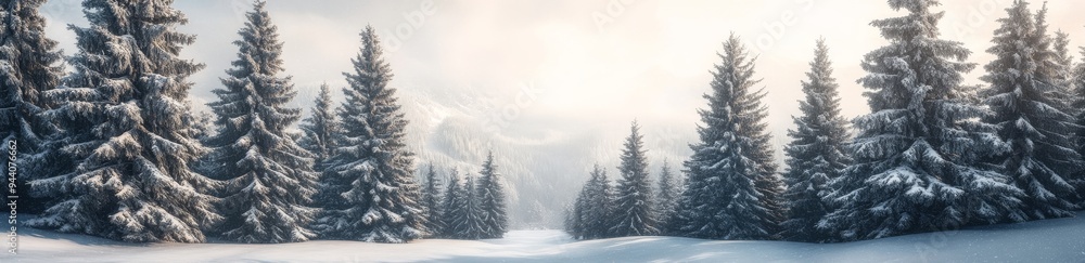 Fototapeta premium The winter woodland is covered in snow, surrounded by a pale mist. A seasonal banner.