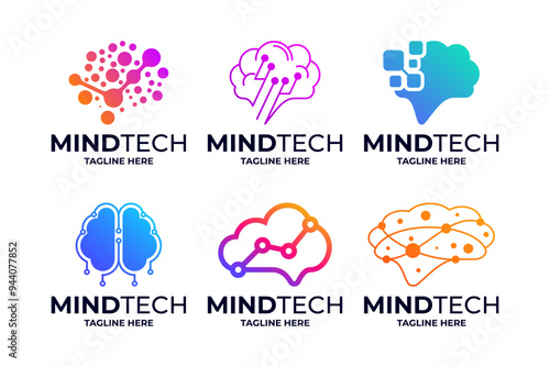 Set of brain tech logo design. Digital mind logo inspiration