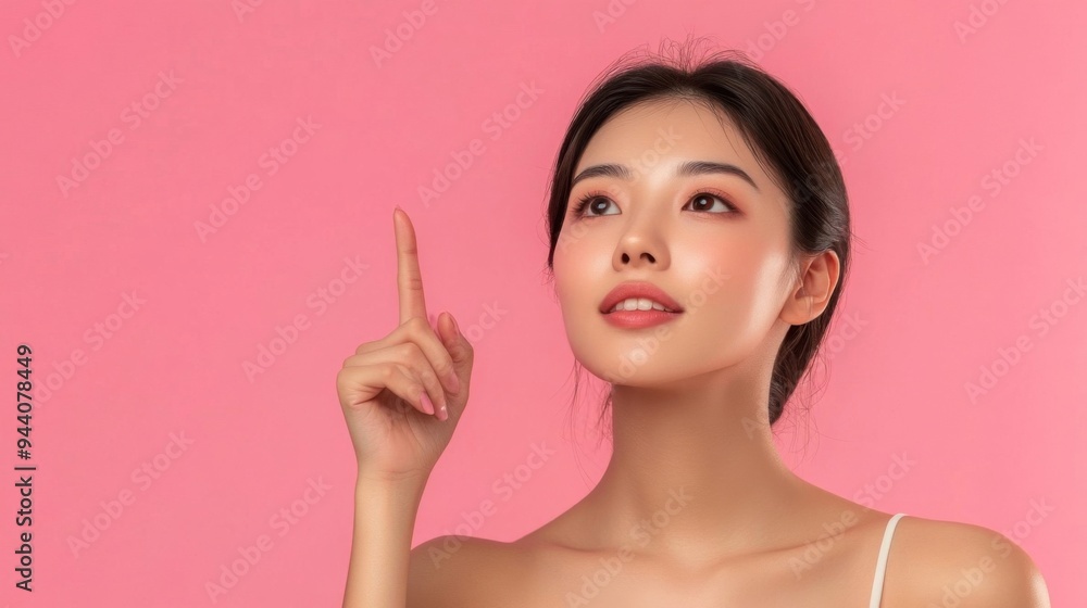 Asian woman presents, pointing finger up with copy space pink background, portrait beauty, confidence, and elegance of a young and attractive Asian model. Asian woman presents, pointing finger up with copy space pink background, portrait beauty, confidence, and elegance of a young and attractive Asian model.