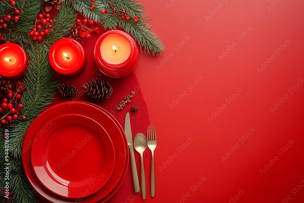 Red plates and silverware are displayed on a Christmas table setting created with Stock technology Red plates and silverware are displayed on a Christmas table setting created with Stock technology
