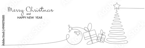 One continuous line drawing of Christmas tree toy and present box. New Year greeting card and minimalist web banner.