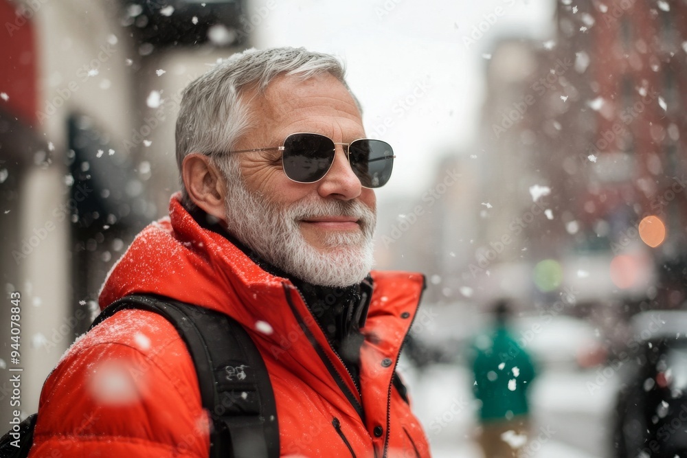 A brutal Santa Claus in a warm red jacket and sunglasses stares at the camera in a blurry street in the winter A brutal Santa Claus in a warm red jacket and sunglasses stares at the camera in a blurry street in the winter