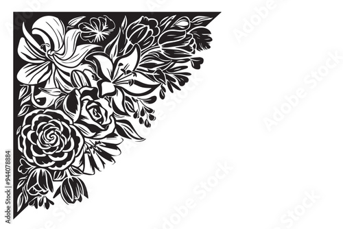 Black flowers corner decoration isolated on White background. Vector illustration photo