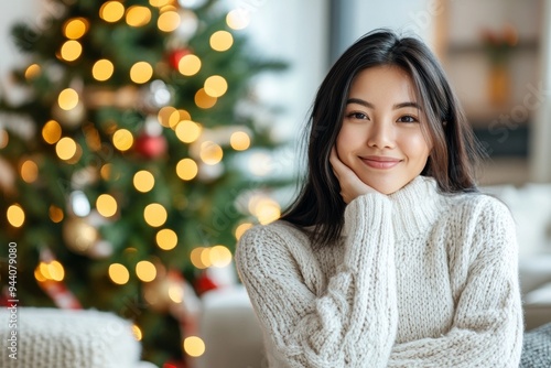 Wallpaper Mural Happy diverse woman at home with decorated Christmas tree, copy space Torontodigital.ca
