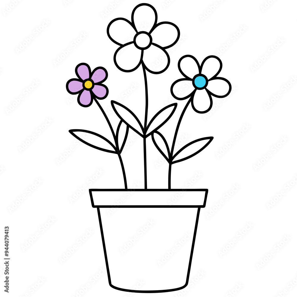 Flowering Potted Plant line art Vector on White Background Flowering Potted Plant line art Vector on White Background