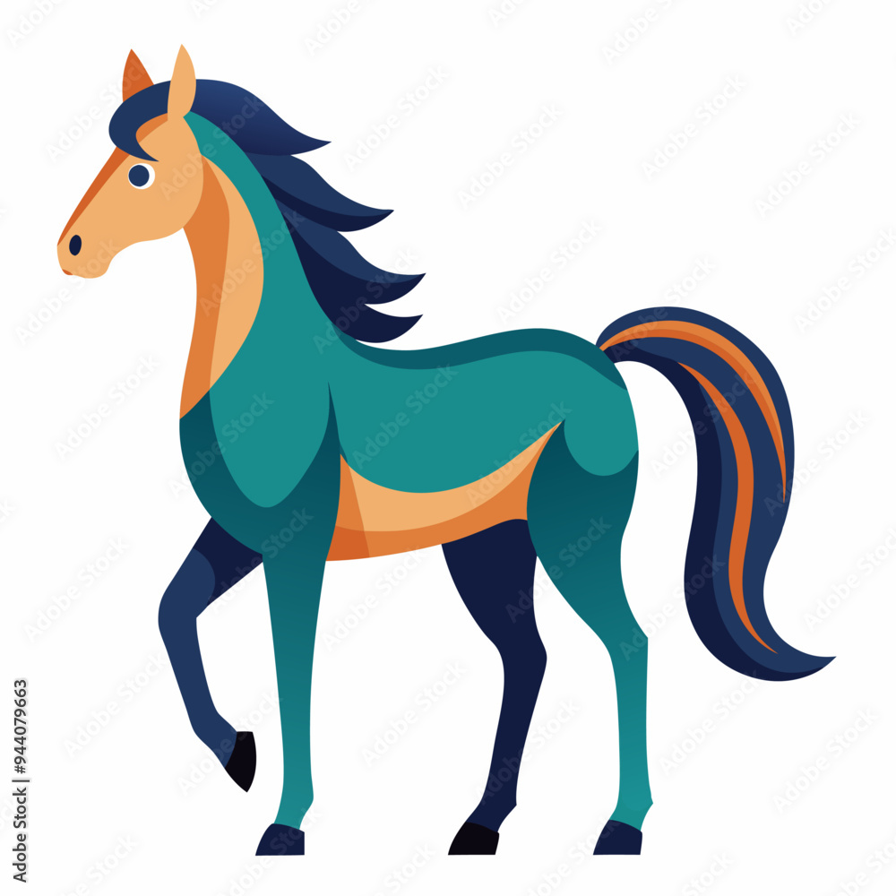 Obraz premium A stylized, blue, orange, and green horse standing on white background