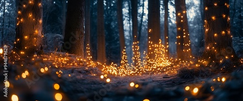 Fairy lights illuminating a dark forest.