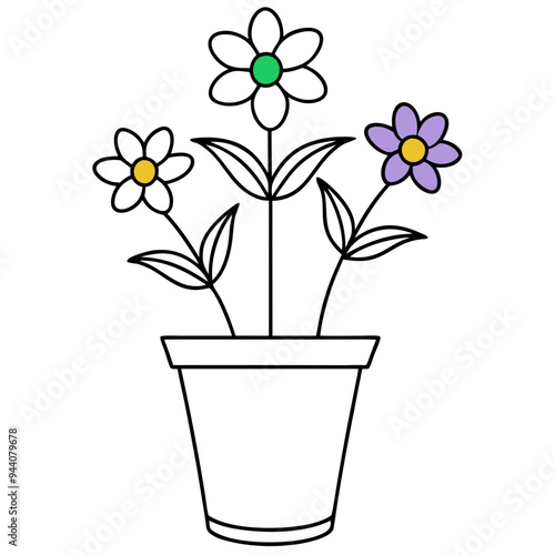 Flowering Potted Plant line art Vector on White Background