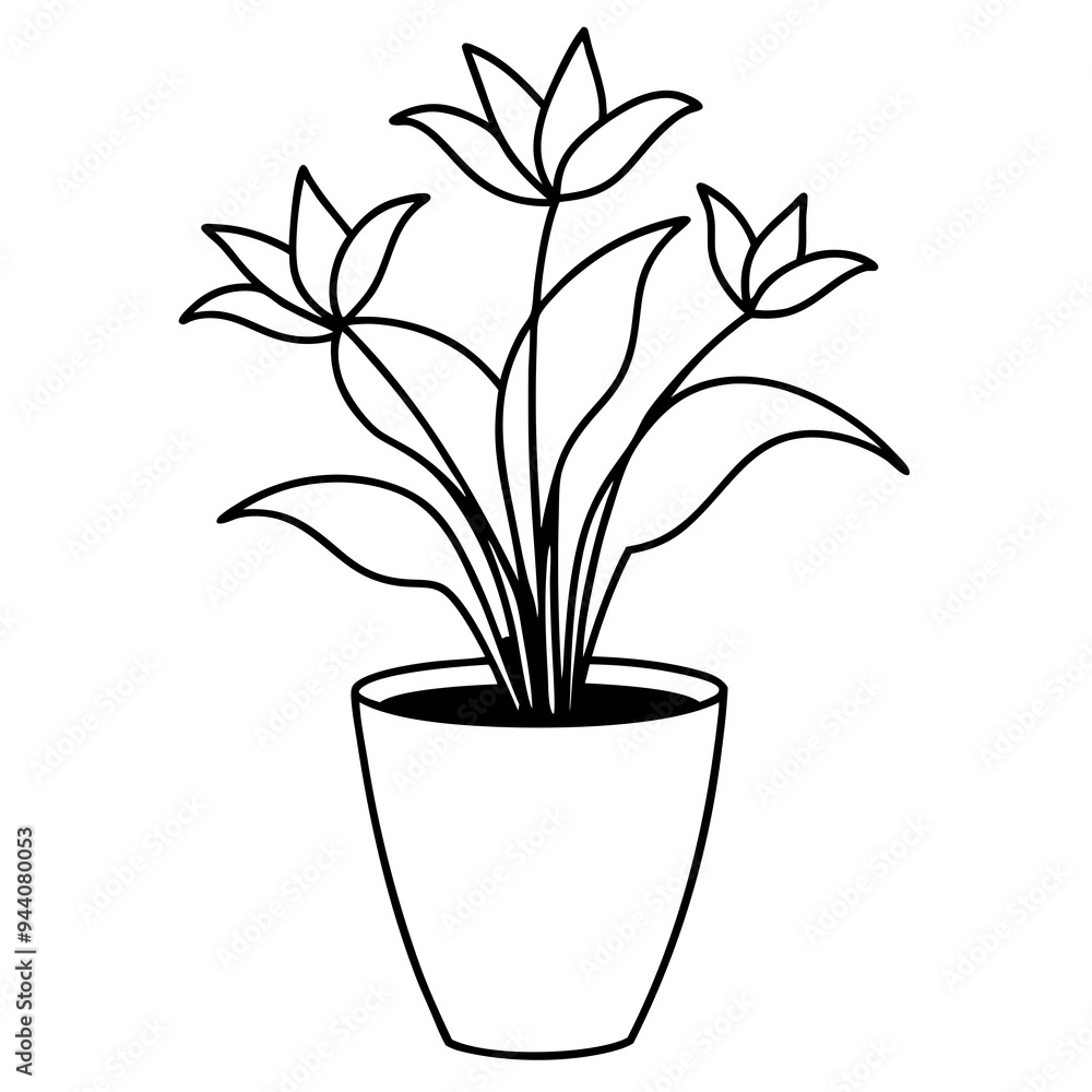 Flowering Potted Plant line art Vector on White Background Flowering Potted Plant line art Vector on White Background