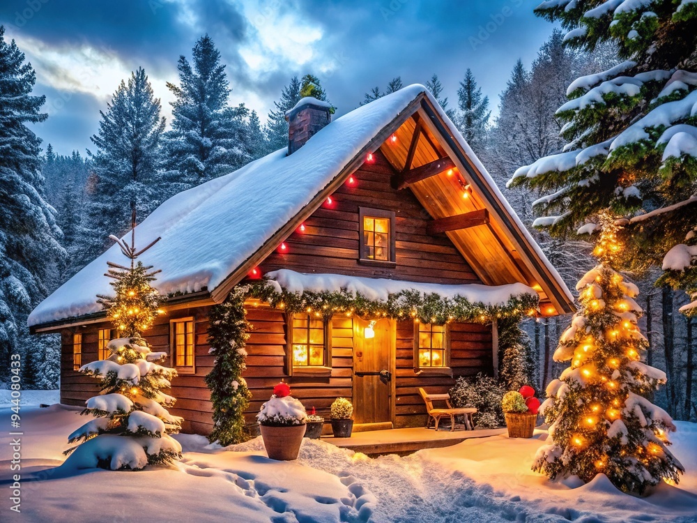 Fototapeta premium Cozy Cabin Christmas: Remote Winter Haven, Rustic Holiday Decor, Festive Ambiance