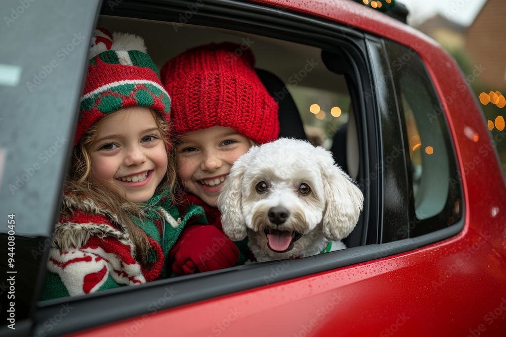 During Christmas, close up of a dog and happy children in a red car During Christmas, close up of a dog and happy children in a red car