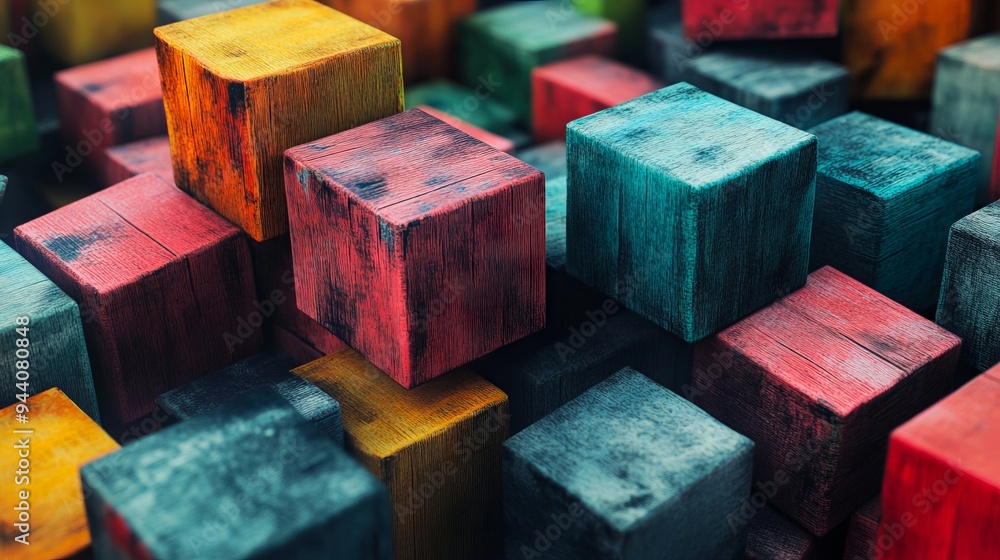 A pile of colorful wooden cubes stacked on top of each other A pile of colorful wooden cubes stacked on top of each other