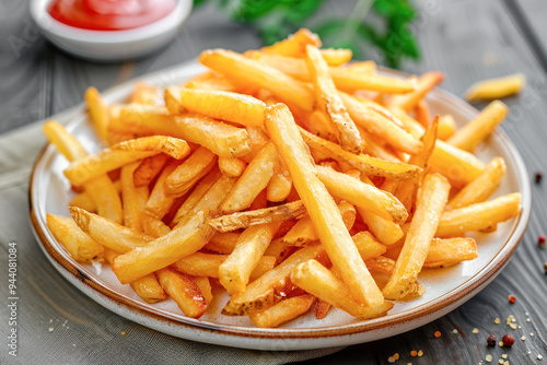 A delicious plate of homemade golden, crispy French fries served on a rustic table, showcasing a classic comfort food snack ready to be enjoyed.