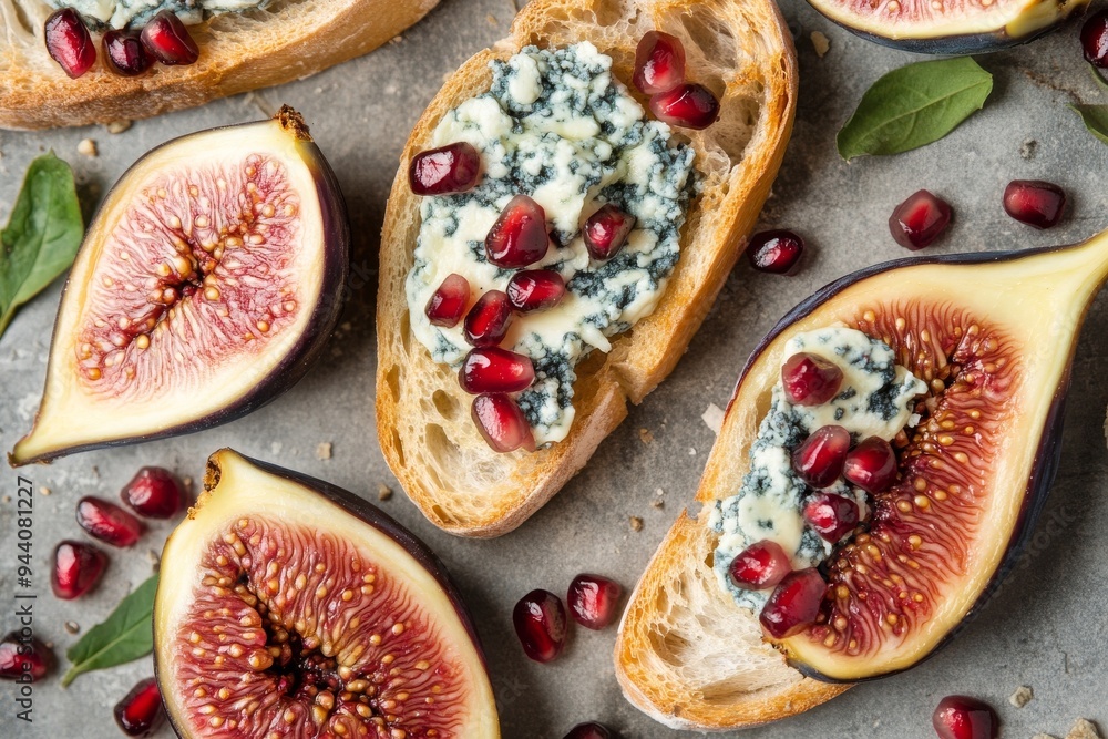 Blue cheese and fig crostini with pomegranate juice. Blue cheese and fig crostini with pomegranate juice.