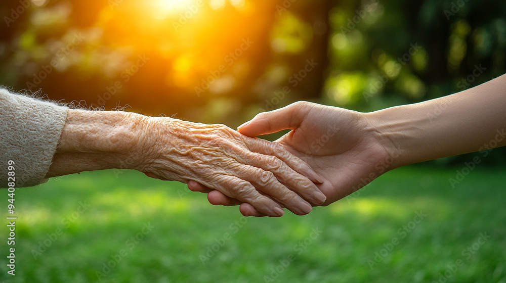 young hand gently holds an elderly hand, symbolizing compassion, care, and support across generations. The warm sunlight in the background enhances the feeling of hope and empathy young hand gently holds an elderly hand, symbolizing compassion, care, and support across generations. The warm sunlight in the background enhances the feeling of hope and empathy