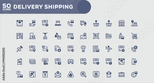 Set of 50 outline icons related to Delivery Shipping. Linear icon collection. Editable stroke. Vector illustration