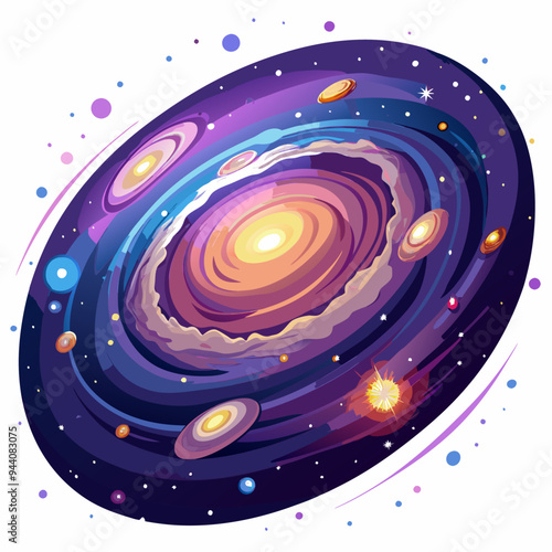 A colorful galaxy with swirling arms and multiple stars and planets.