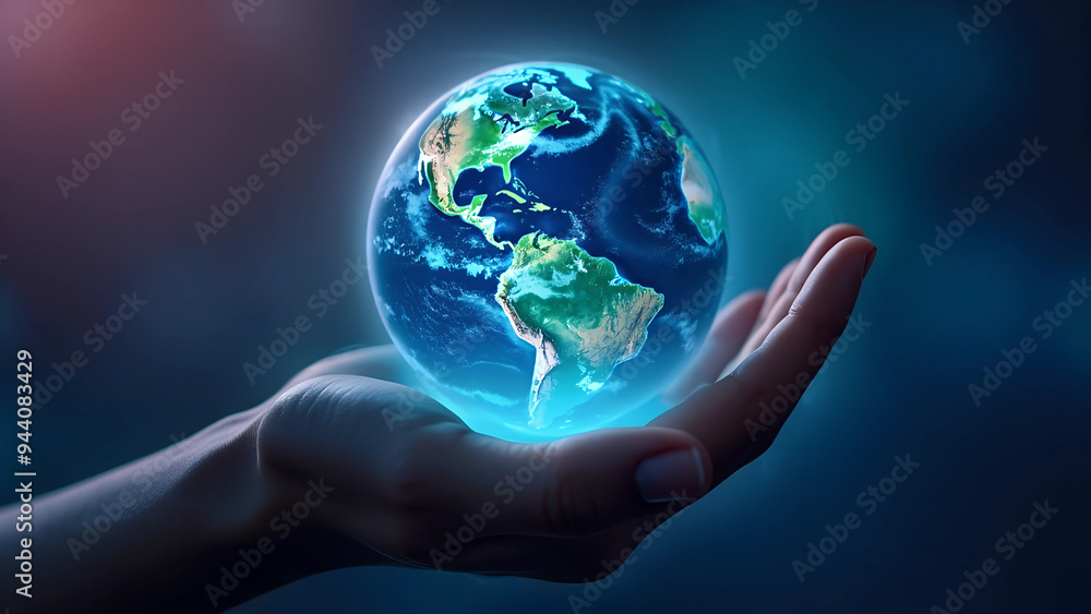 Hand holding a hologram of the Earth against a dark blue and purple background, with a banner providing a space for text, conveying a global business concept idea Generative AI Hand holding a hologram of the Earth against a dark blue and purple background, with a banner providing a space for text, conveying a global business concept idea Generative AI