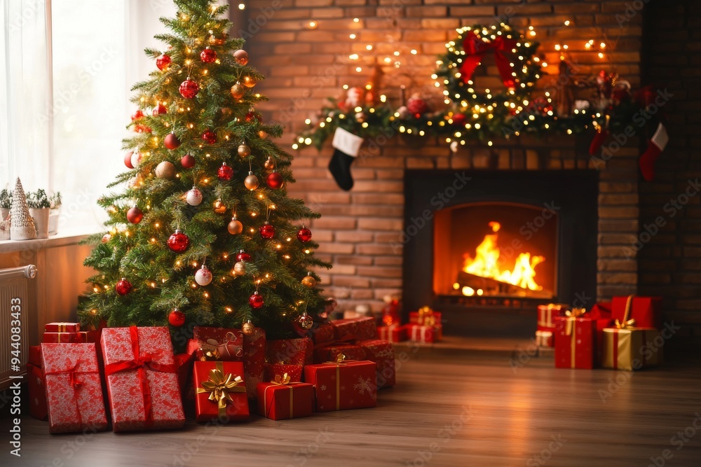 An ambient living room with a fireplace displays gifts under a Christmas tree An ambient living room with a fireplace displays gifts under a Christmas tree