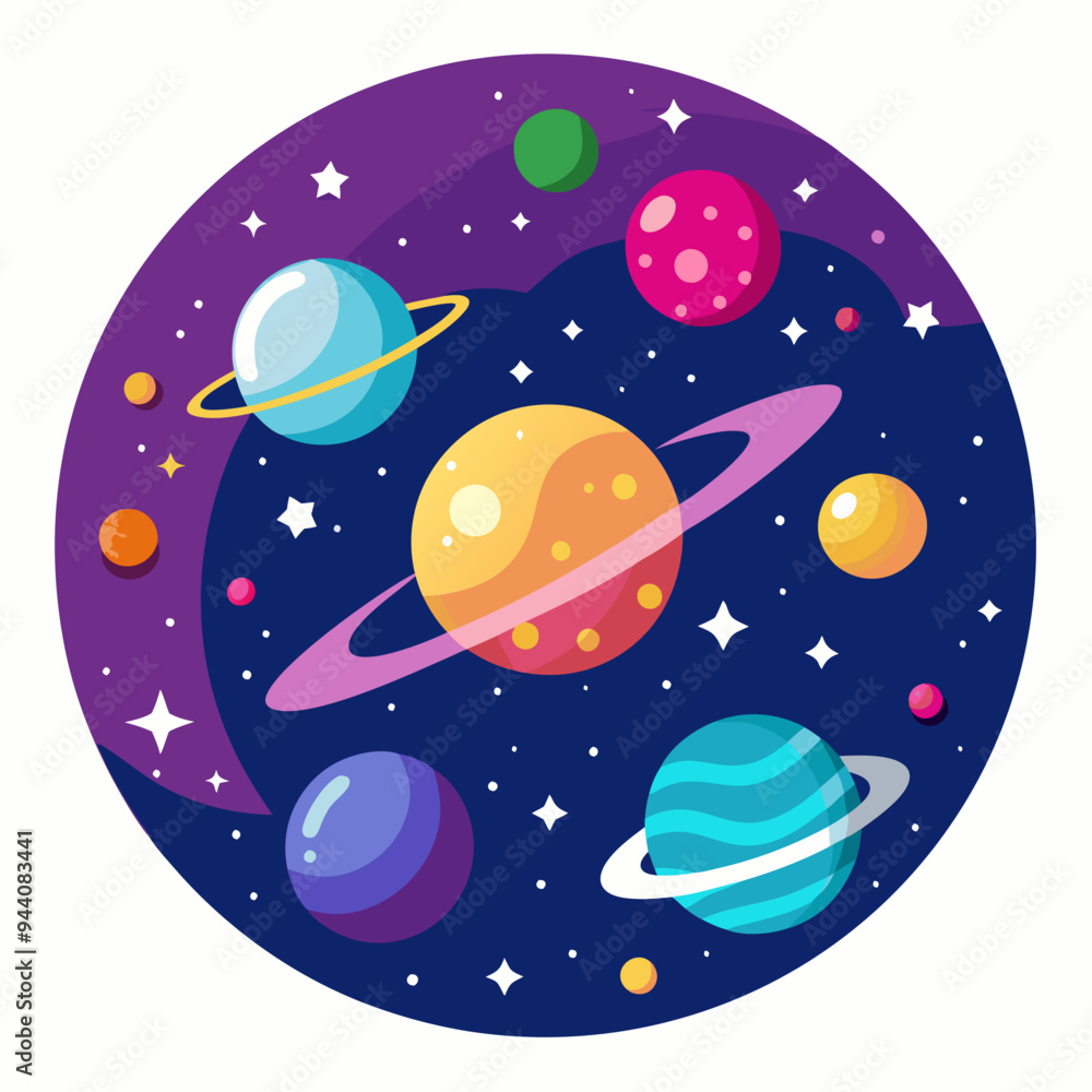 Naklejka premium Colorful Planets and Stars in a Dark Purple Circle