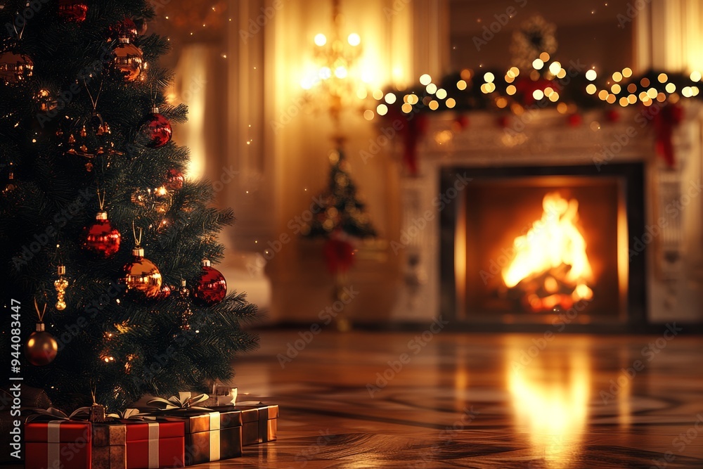 An ornament hangs from the Christmas tree beside the fireplace in red and white An ornament hangs from the Christmas tree beside the fireplace in red and white