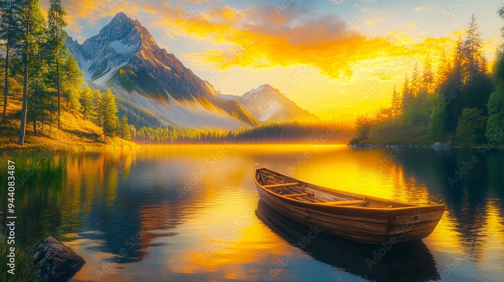A wooden boat sitting on top of a lake next to a mountain A wooden boat sitting on top of a lake next to a mountain